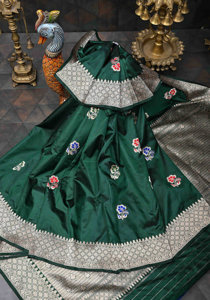Bottle green Banarasi Katan Silk Saree with Meenakari Zari Buttas And Zari Border | SILK MARK CERTIFIED