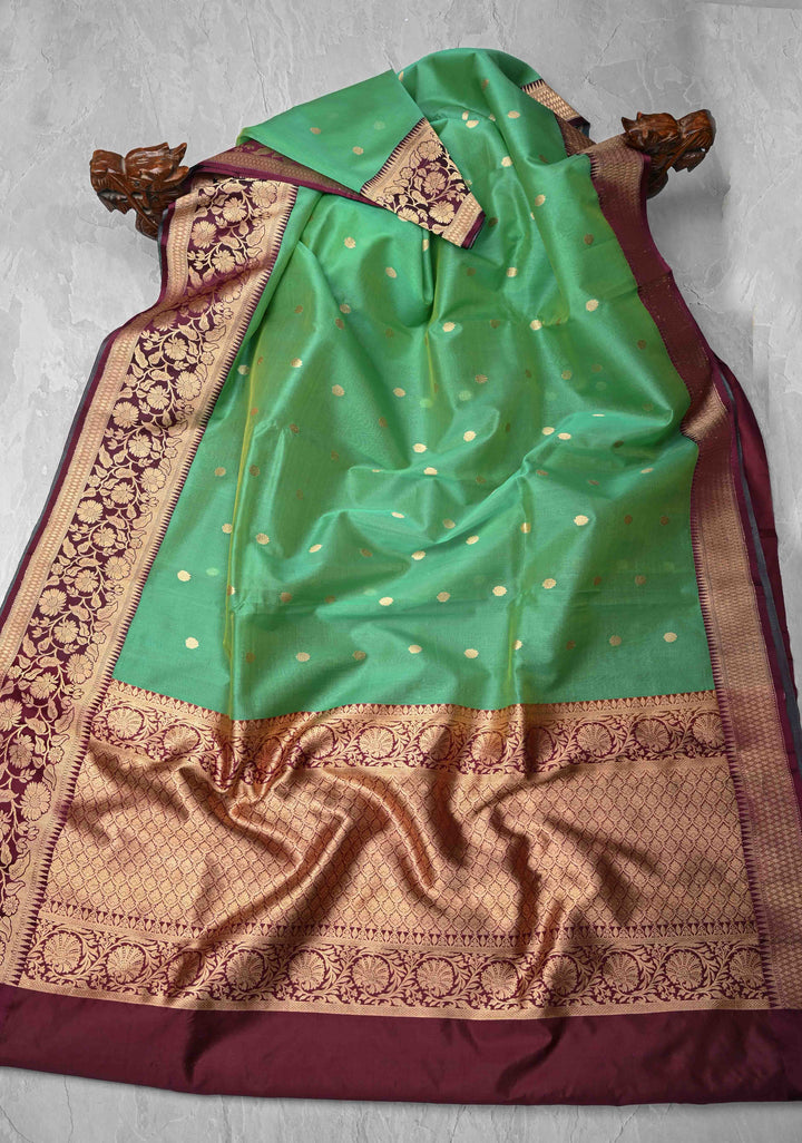 Green Dual Tone Pure Banarasi Kora Silk Saree with Zari Buttas and Contrast Zari Border | SILK MARK CERTIFIED