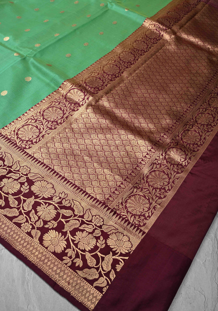 Green Dual Tone Pure Banarasi Kora Silk Saree with Zari Buttas and Contrast Zari Border | SILK MARK CERTIFIED