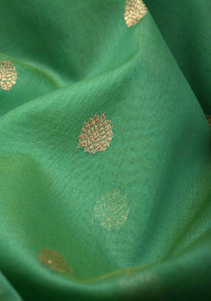 Green Dual Tone Pure Banarasi Kora Silk Saree with Zari Buttas and Contrast Zari Border | SILK MARK CERTIFIED