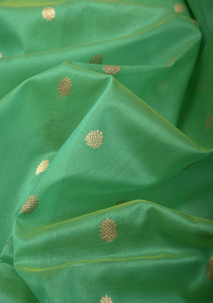 Green Dual Tone Pure Banarasi Kora Silk Saree with Zari Buttas and Contrast Zari Border | SILK MARK CERTIFIED