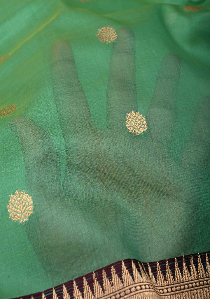 Green Dual Tone Pure Banarasi Kora Silk Saree with Zari Buttas and Contrast Zari Border | SILK MARK CERTIFIED