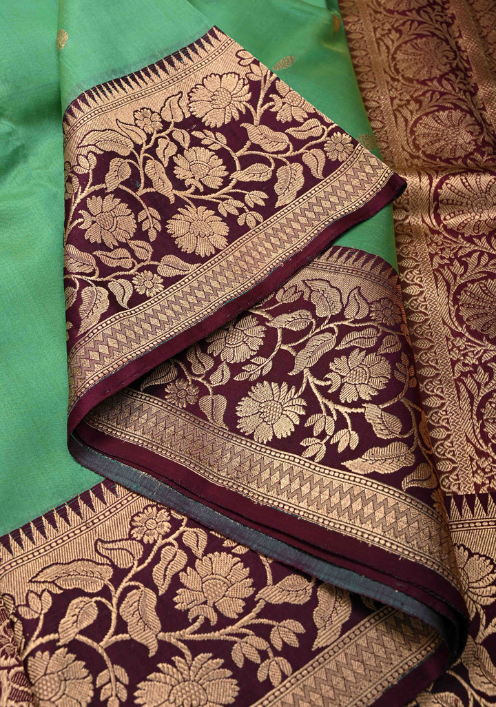 Green Dual Tone Pure Banarasi Kora Silk Saree with Zari Buttas and Contrast Zari Border | SILK MARK CERTIFIED