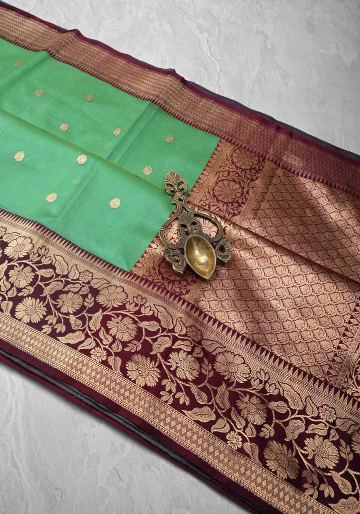 Green Dual Tone Pure Banarasi Kora Silk Saree with Zari Buttas and Contrast Zari Border | SILK MARK CERTIFIED