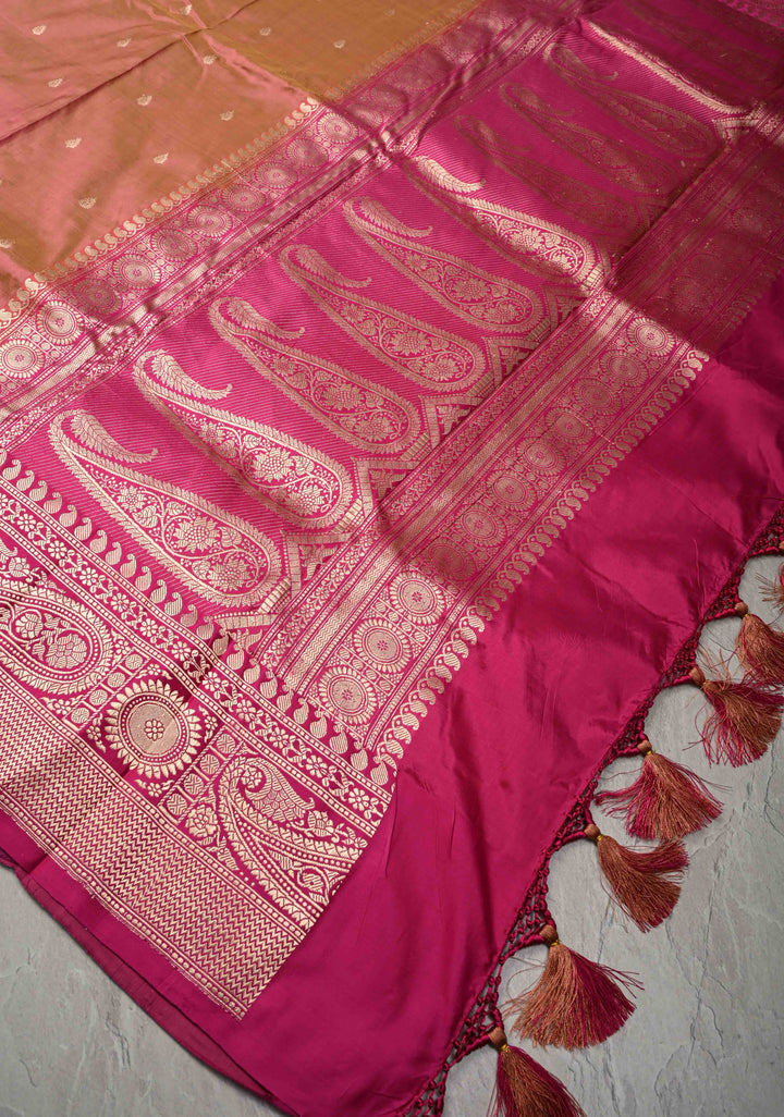 Peach Dual tone Banarasi Katan Silk Saree with Zari Buttas and Zari Border | SILK MARK CERTIFIED