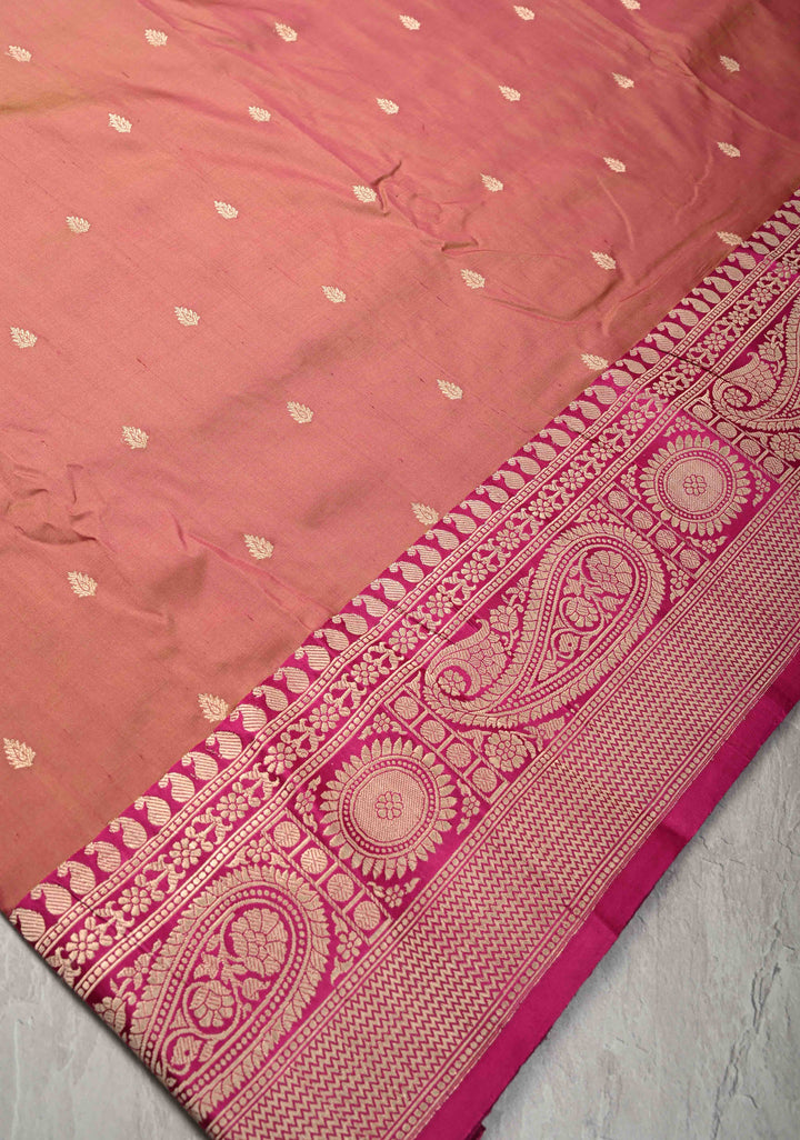 Peach Dual tone Banarasi Katan Silk Saree with Zari Buttas and Zari Border | SILK MARK CERTIFIED