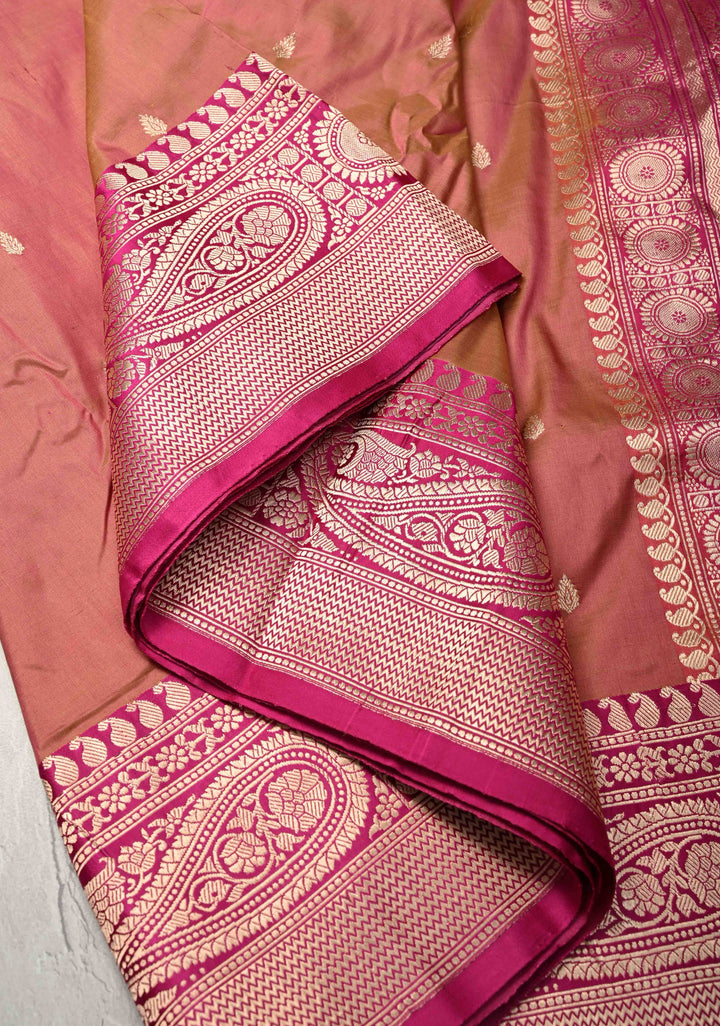 Peach Dual tone Banarasi Katan Silk Saree with Zari Buttas and Zari Border | SILK MARK CERTIFIED