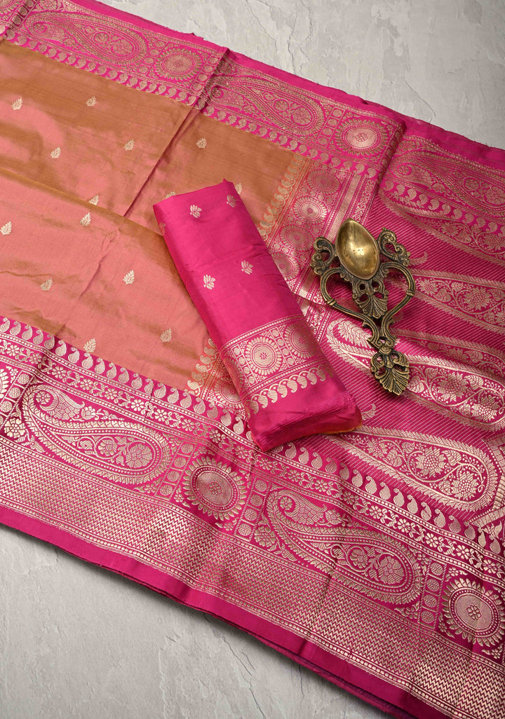 Peach Dual tone Banarasi Katan Silk Saree with Zari Buttas and Zari Border | SILK MARK CERTIFIED