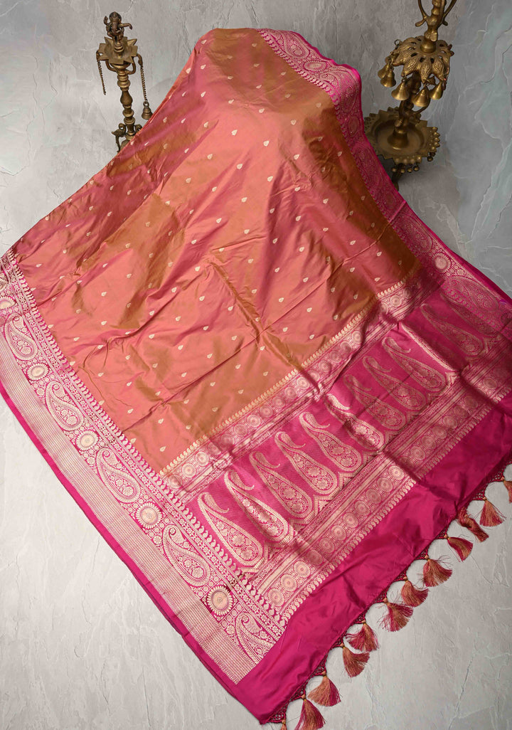 Peach Dual tone Banarasi Katan Silk Saree with Zari Buttas and Zari Border | SILK MARK CERTIFIED