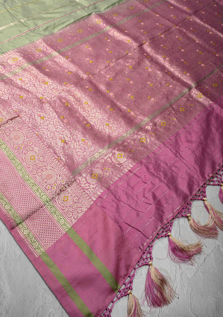 Sage Green Banarasi Pure Katan Silk Saree with Zari Vertical Stripes and Meenakari Contrast Border  | SILK MARK CERTIFIED