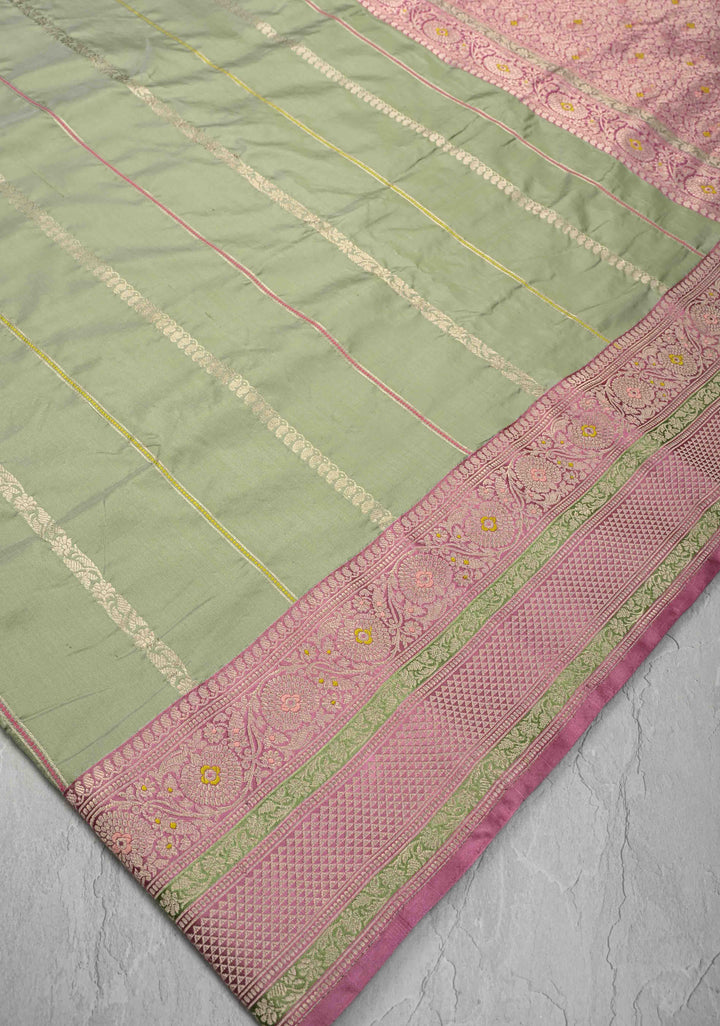 Sage Green Banarasi Pure Katan Silk Saree with Zari Vertical Stripes and Meenakari Contrast Border  | SILK MARK CERTIFIED