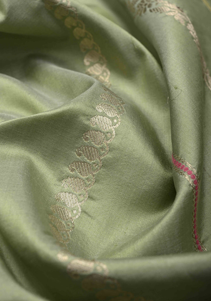 Sage Green Banarasi Pure Katan Silk Saree with Zari Vertical Stripes and Meenakari Contrast Border  | SILK MARK CERTIFIED