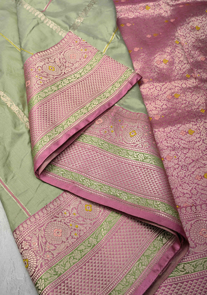 Sage Green Banarasi Pure Katan Silk Saree with Zari Vertical Stripes and Meenakari Contrast Border  | SILK MARK CERTIFIED