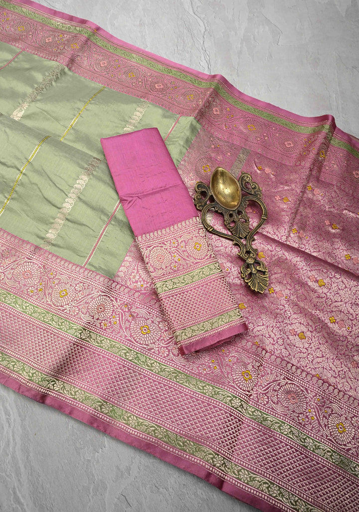 Sage Green Banarasi Pure Katan Silk Saree with Zari Vertical Stripes and Meenakari Contrast Border  | SILK MARK CERTIFIED