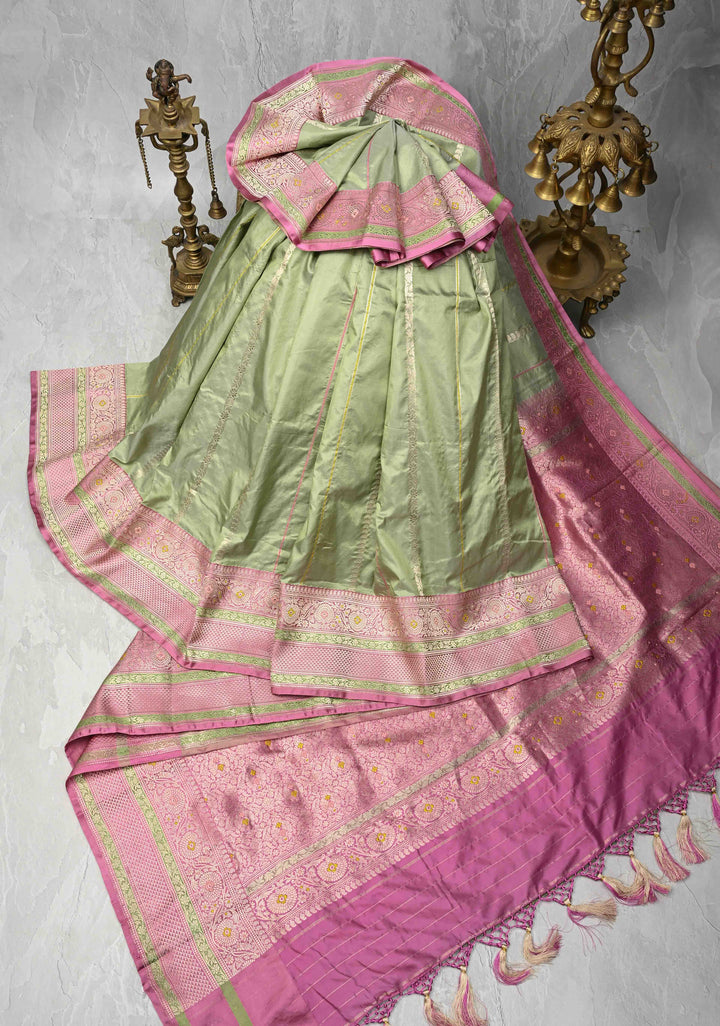 Sage Green Banarasi Pure Katan Silk Saree with Zari Vertical Stripes and Meenakari Contrast Border  | SILK MARK CERTIFIED
