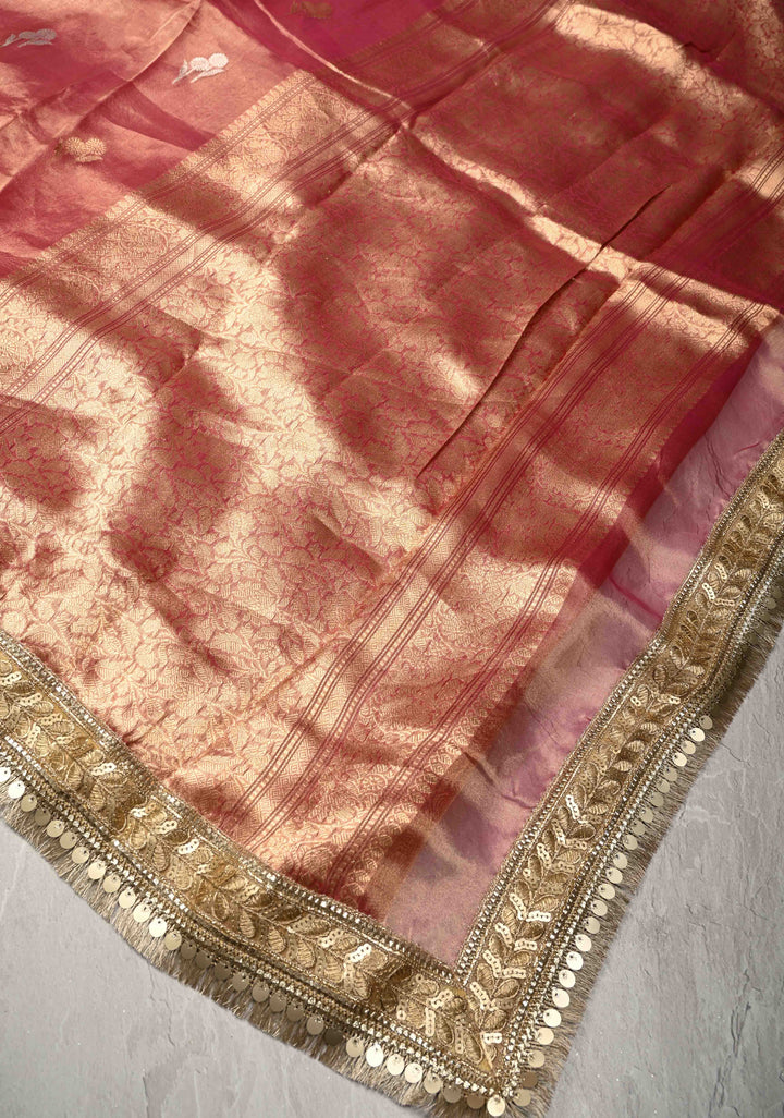 Pink Banarasi Pure Tissue Silk Saree with Sona Rupa Floral Buttas and Fancy Lace Trim Border | SILK MARK CERTIFIED