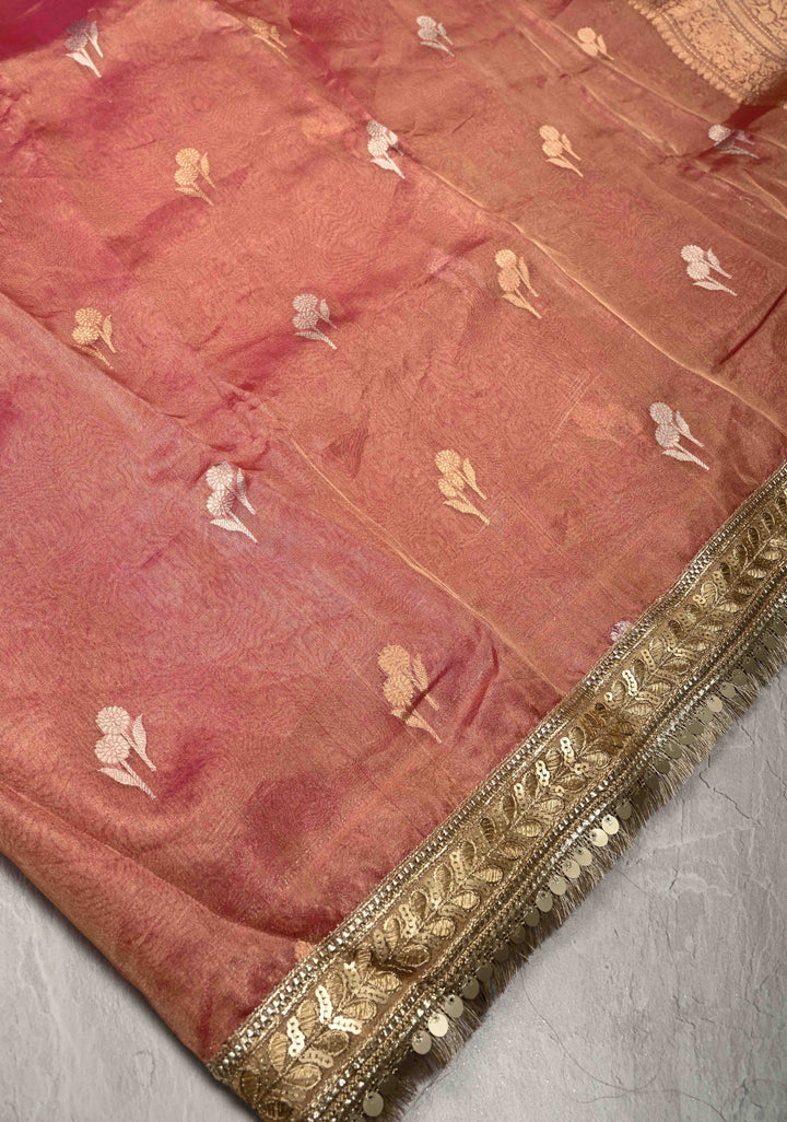 Pink Banarasi Pure Tissue Silk Saree with Sona Rupa Floral Buttas and Fancy Lace Trim Border | SILK MARK CERTIFIED