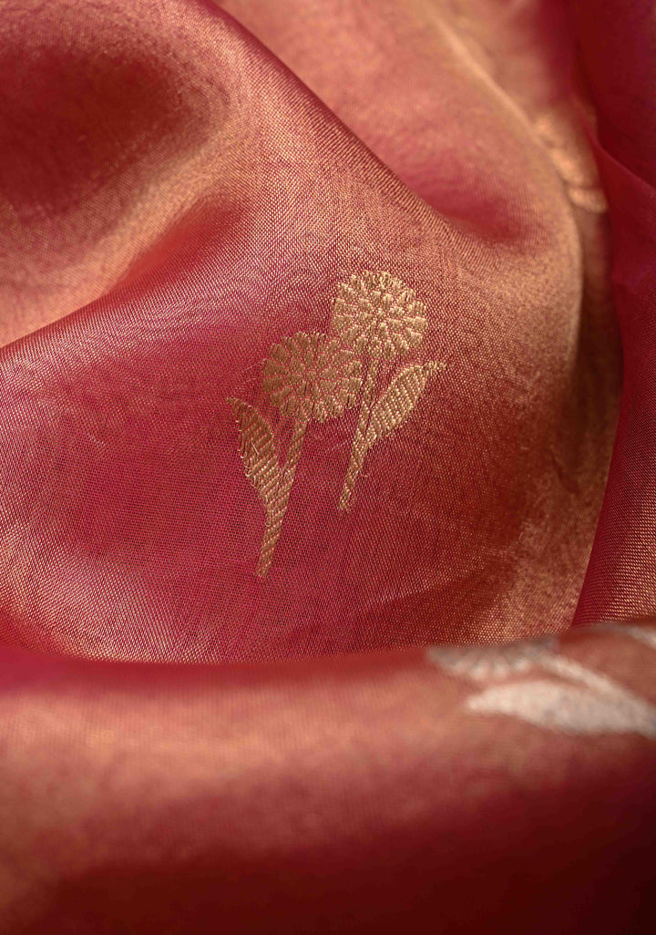 Pink Banarasi Pure Tissue Silk Saree with Sona Rupa Floral Buttas and Fancy Lace Trim Border | SILK MARK CERTIFIED