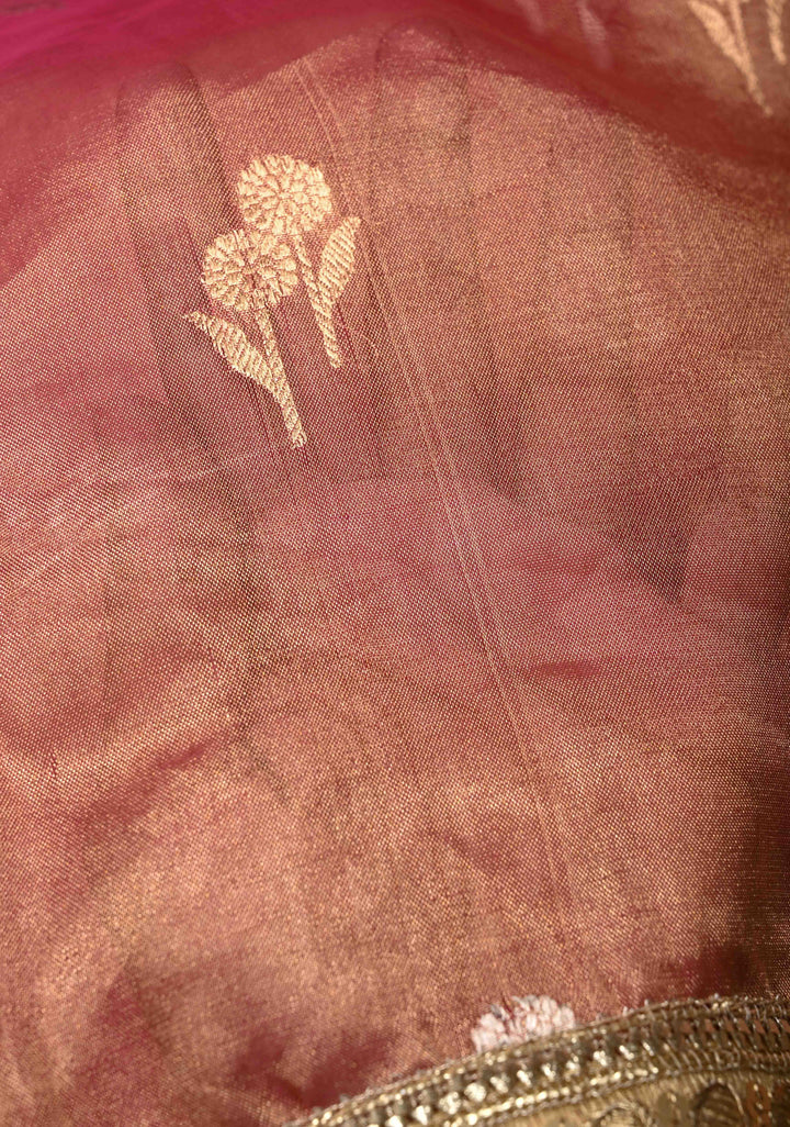 Pink Banarasi Pure Tissue Silk Saree with Sona Rupa Floral Buttas and Fancy Lace Trim Border | SILK MARK CERTIFIED