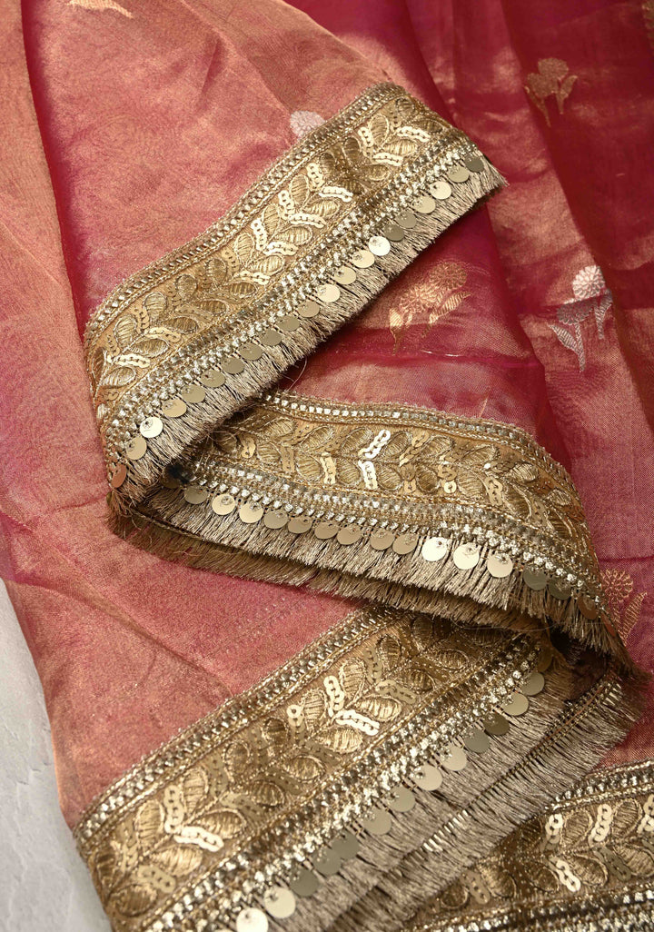 Pink Banarasi Pure Tissue Silk Saree with Sona Rupa Floral Buttas and Fancy Lace Trim Border | SILK MARK CERTIFIED