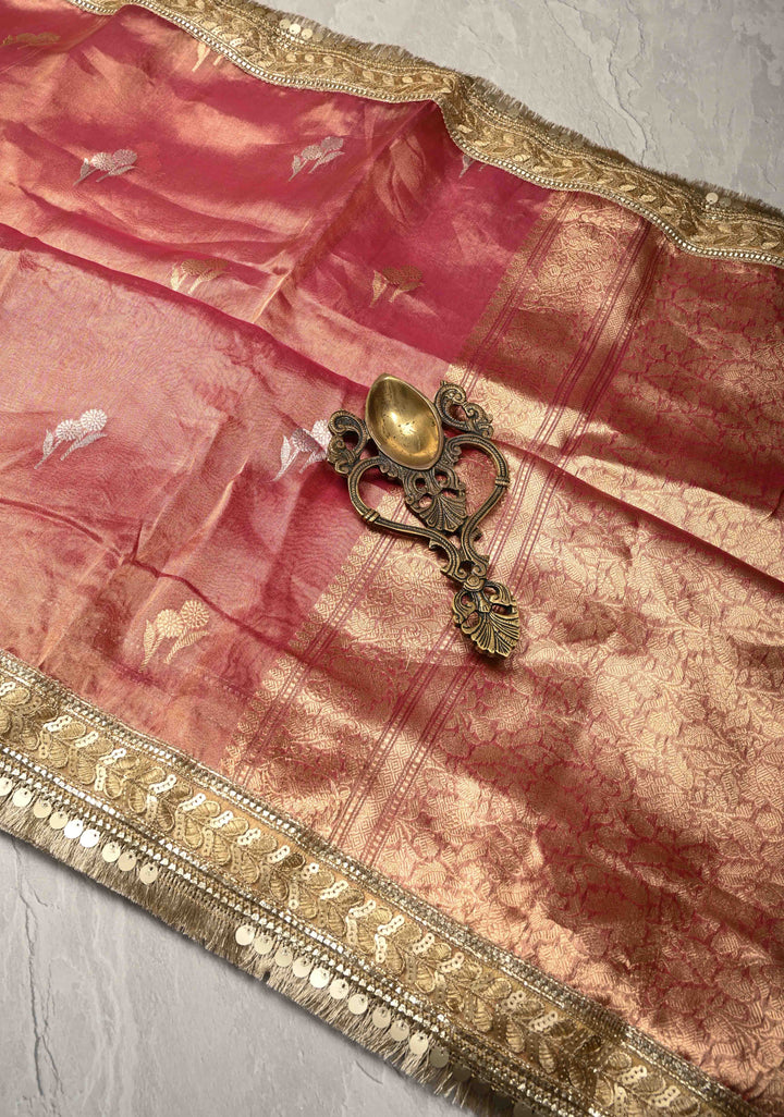 Pink Banarasi Pure Tissue Silk Saree with Sona Rupa Floral Buttas and Fancy Lace Trim Border | SILK MARK CERTIFIED