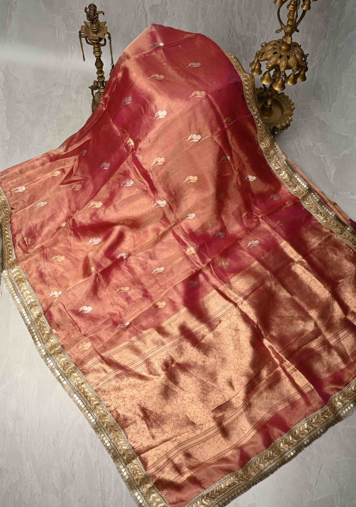 Pink Banarasi Pure Tissue Silk Saree with Sona Rupa Floral Buttas and Fancy Lace Trim Border | SILK MARK CERTIFIED