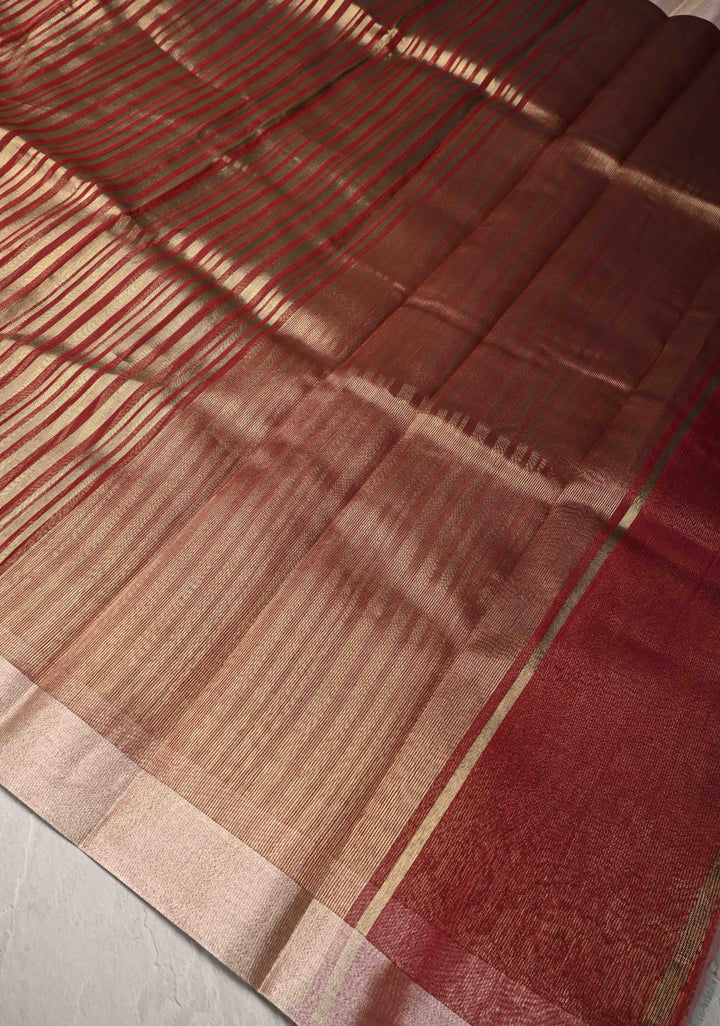 Red Semi Kora Saree with Tissue Stripes and Zari Border