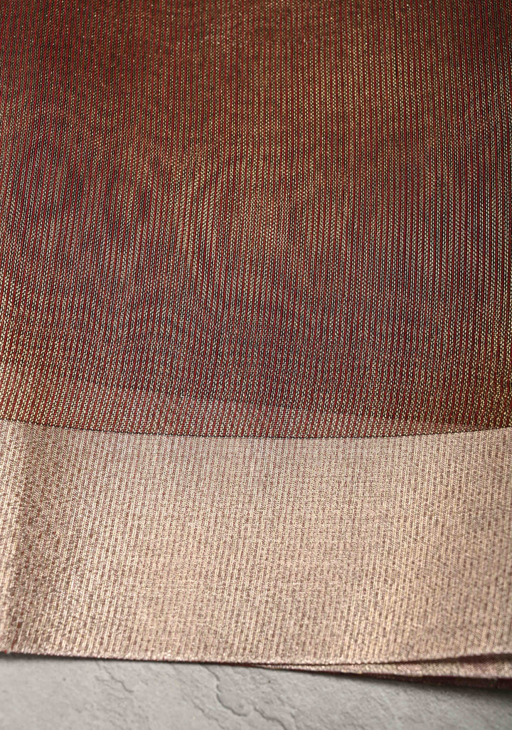 Red Semi Kora Saree with Tissue Stripes and Zari Border