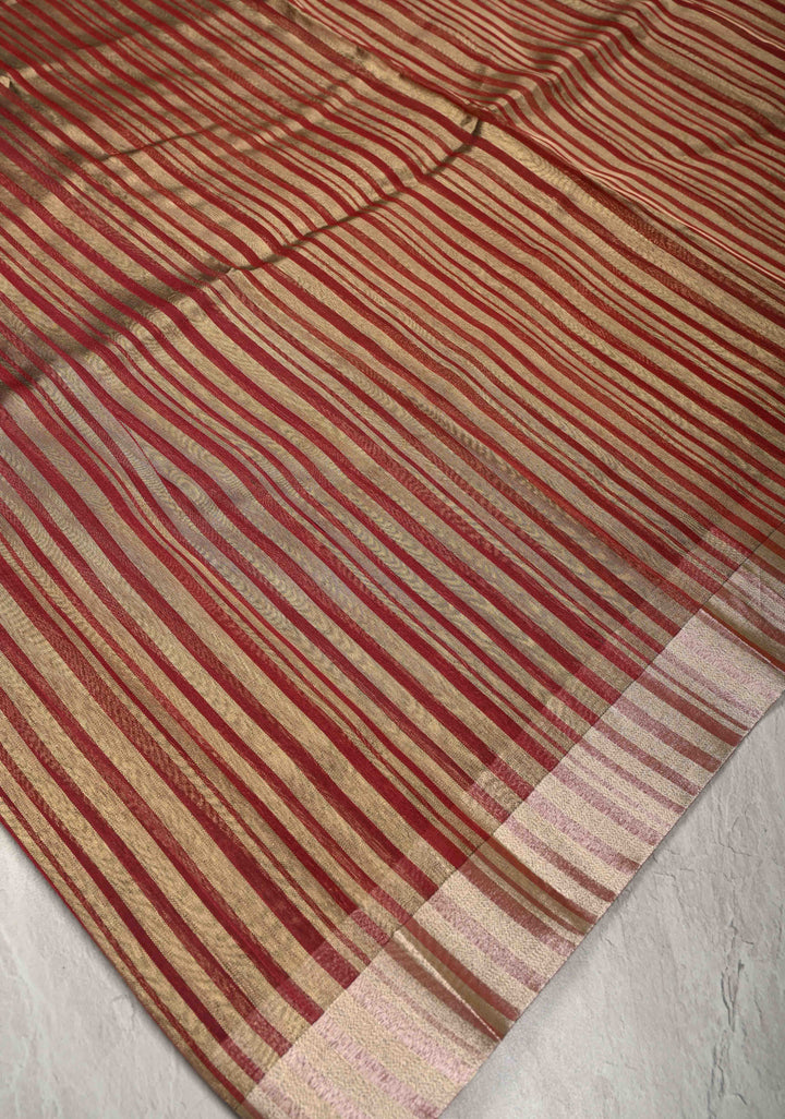 Red Semi Kora Saree with Tissue Stripes and Zari Border