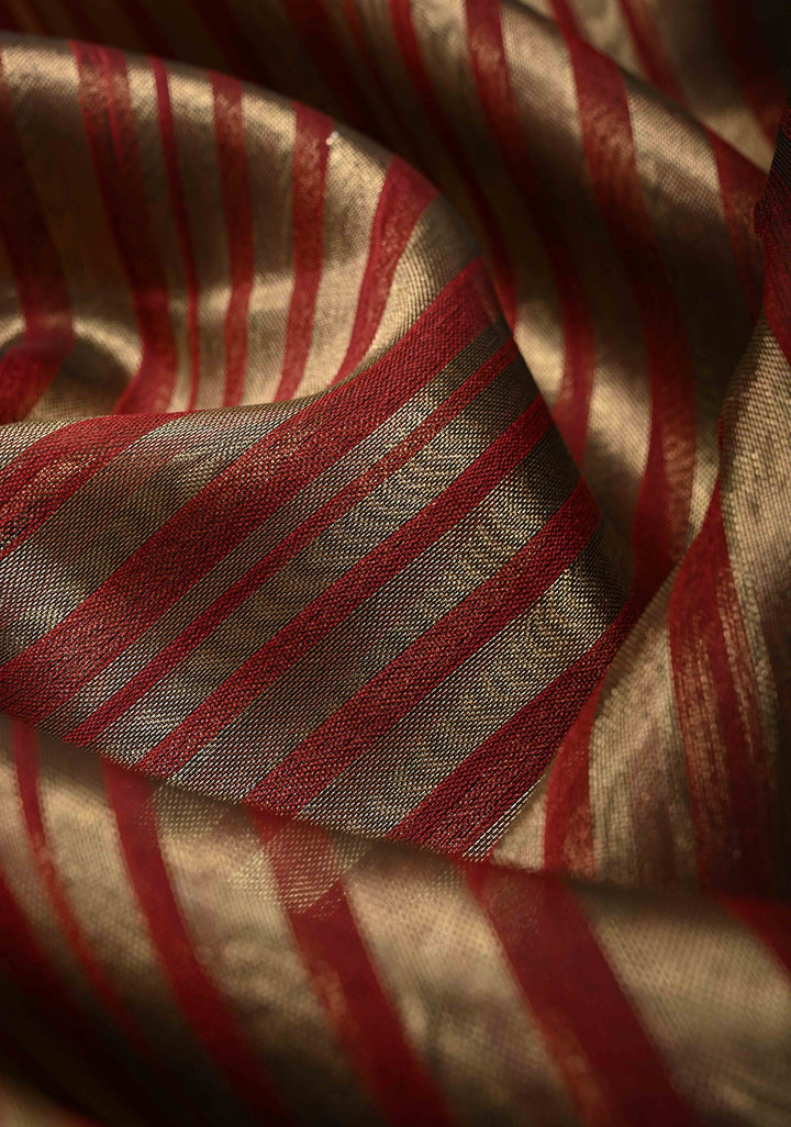 Red Semi Kora Saree with Tissue Stripes and Zari Border