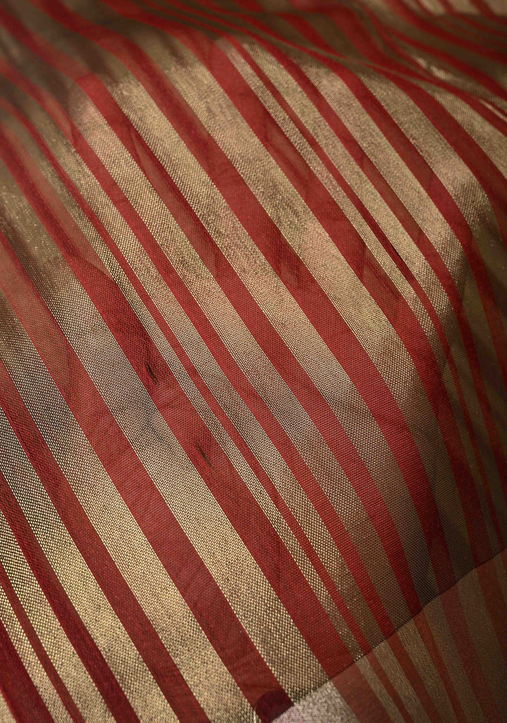 Red Semi Kora Saree with Tissue Stripes and Zari Border