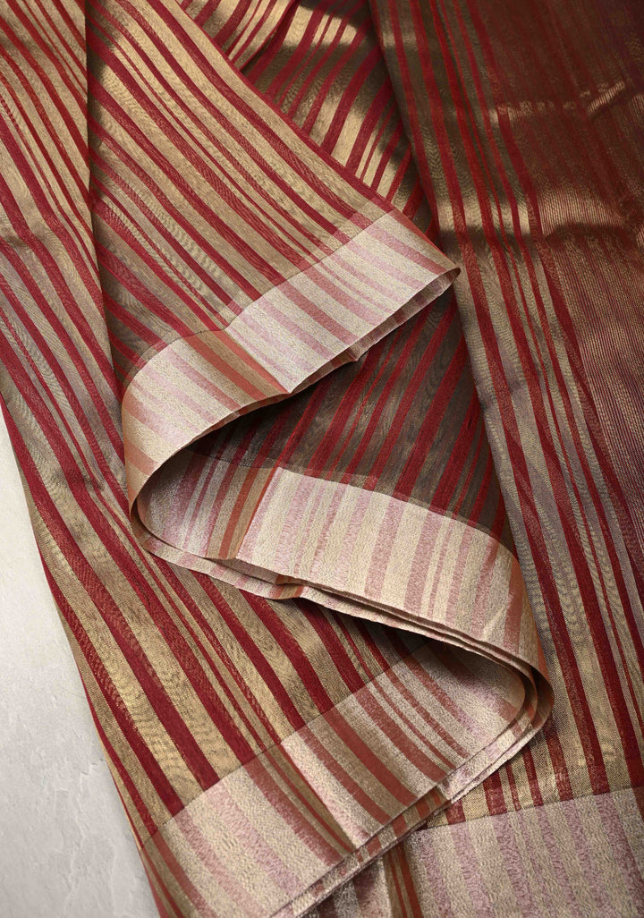 Red Semi Kora Saree with Tissue Stripes and Zari Border