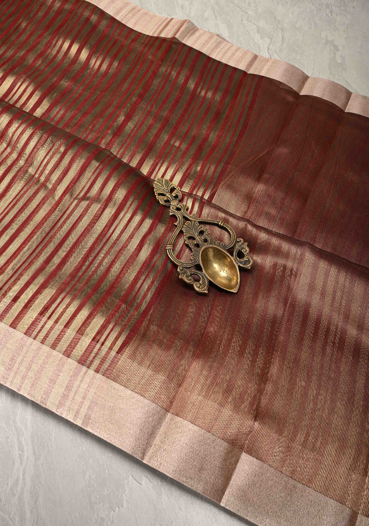 Red Semi Kora Saree with Tissue Stripes and Zari Border