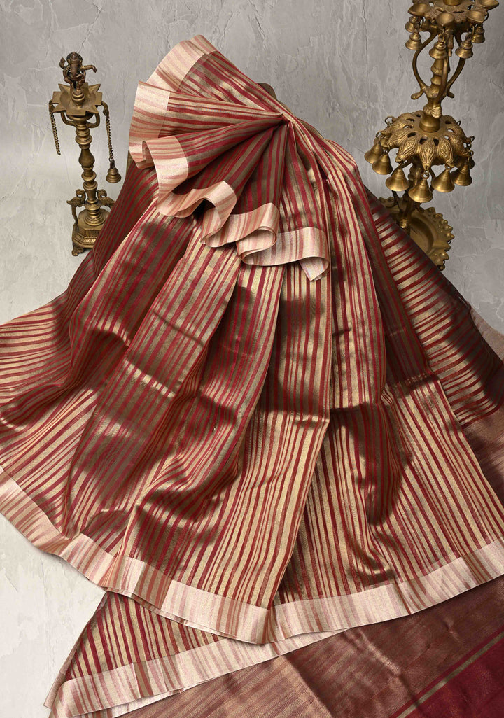 Red Semi Kora Saree with Tissue Stripes and Zari Border