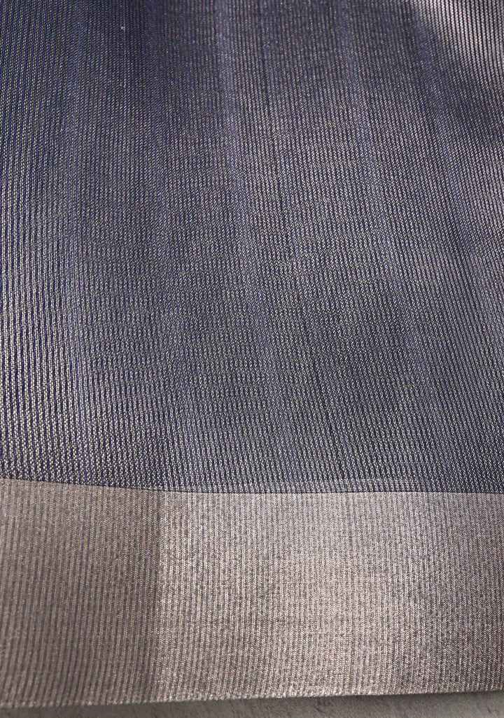 Royal Blue Semi Kora Saree with Tissue Stripes and Zari Border