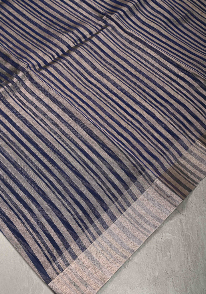 Royal Blue Semi Kora Saree with Tissue Stripes and Zari Border