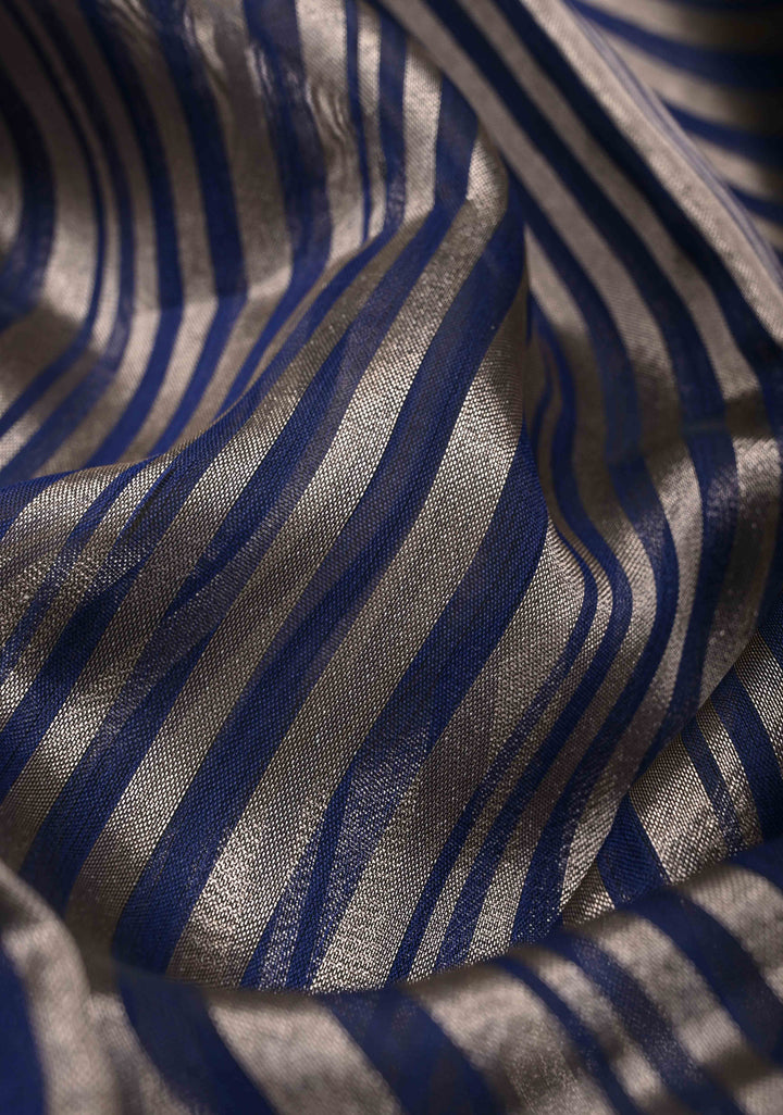 Royal Blue Semi Kora Saree with Tissue Stripes and Zari Border