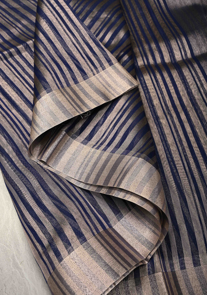 Royal Blue Semi Kora Saree with Tissue Stripes and Zari Border