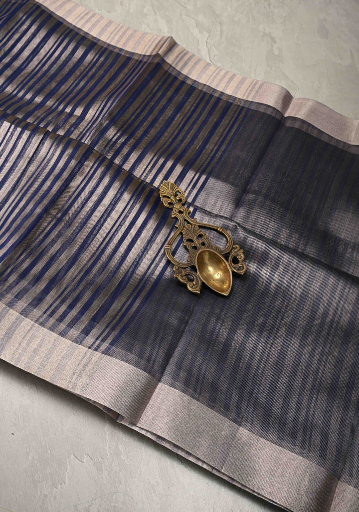 Royal Blue Semi Kora Saree with Tissue Stripes and Zari Border