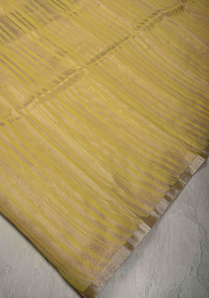 Musturd Yellow Semi Kora Saree with Tissue Stripes and Minimal Zari Border