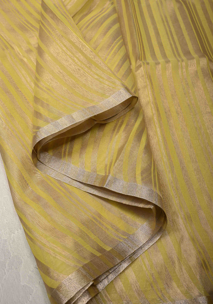Musturd Yellow Semi Kora Saree with Tissue Stripes and Minimal Zari Border