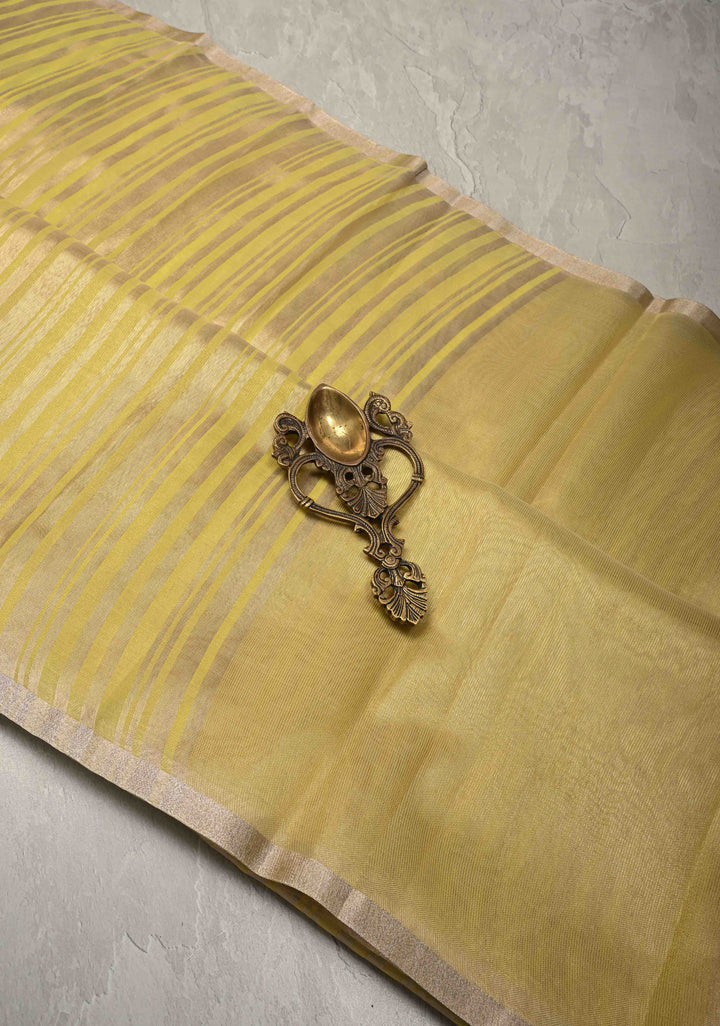 Musturd Yellow Semi Kora Saree with Tissue Stripes and Minimal Zari Border