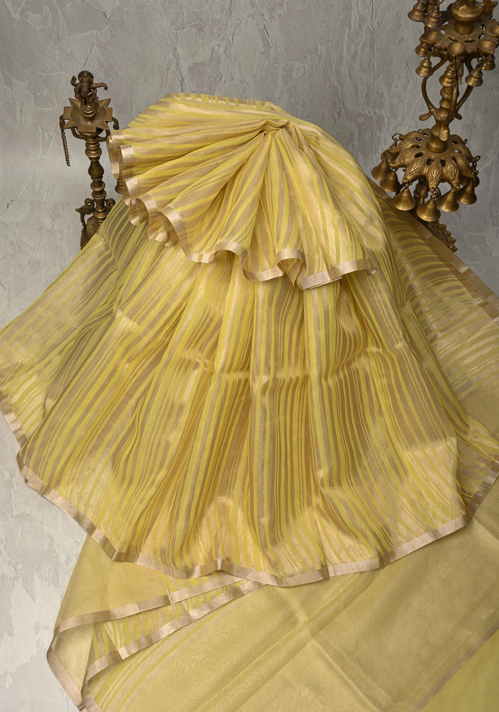 Musturd Yellow Semi Kora Saree with Tissue Stripes and Minimal Zari Border