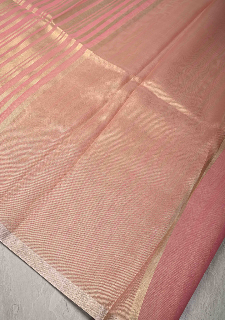 Rose Pink Semi Kora Saree with Tissue Stripes and Minimal Zari Border