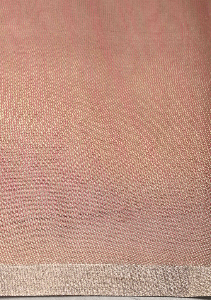 Rose Pink Semi Kora Saree with Tissue Stripes and Minimal Zari Border