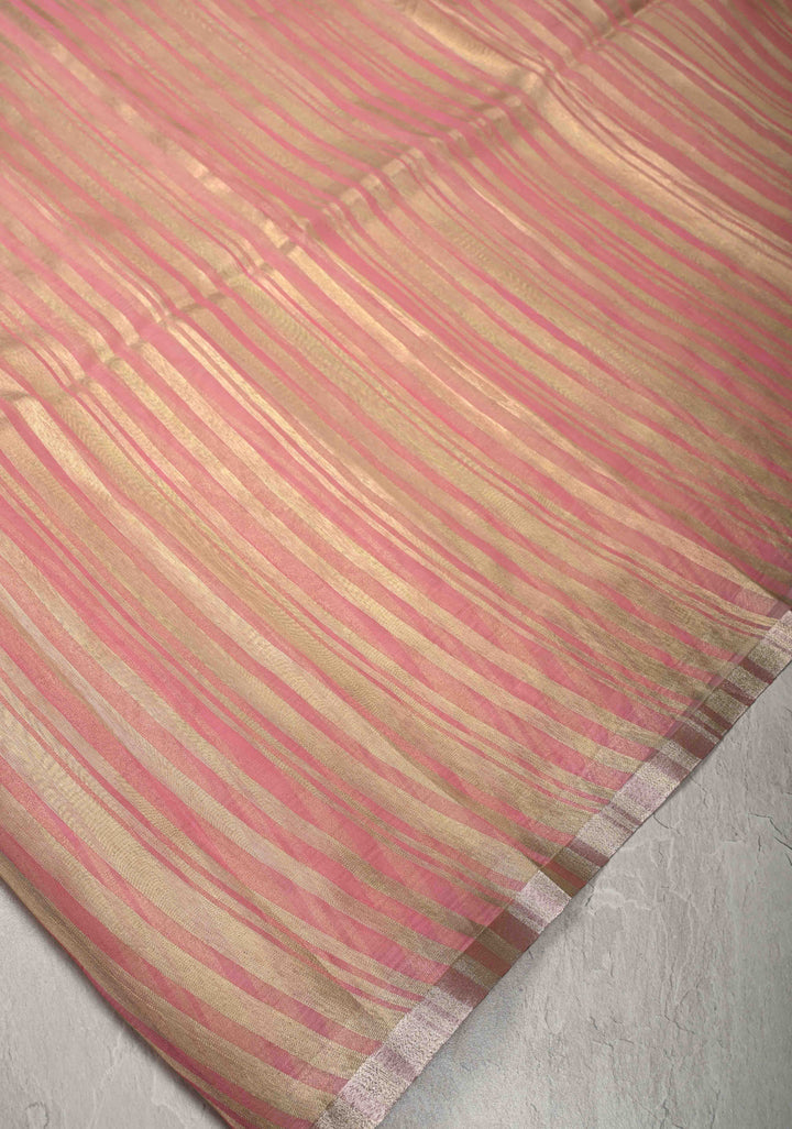 Rose Pink Semi Kora Saree with Tissue Stripes and Minimal Zari Border