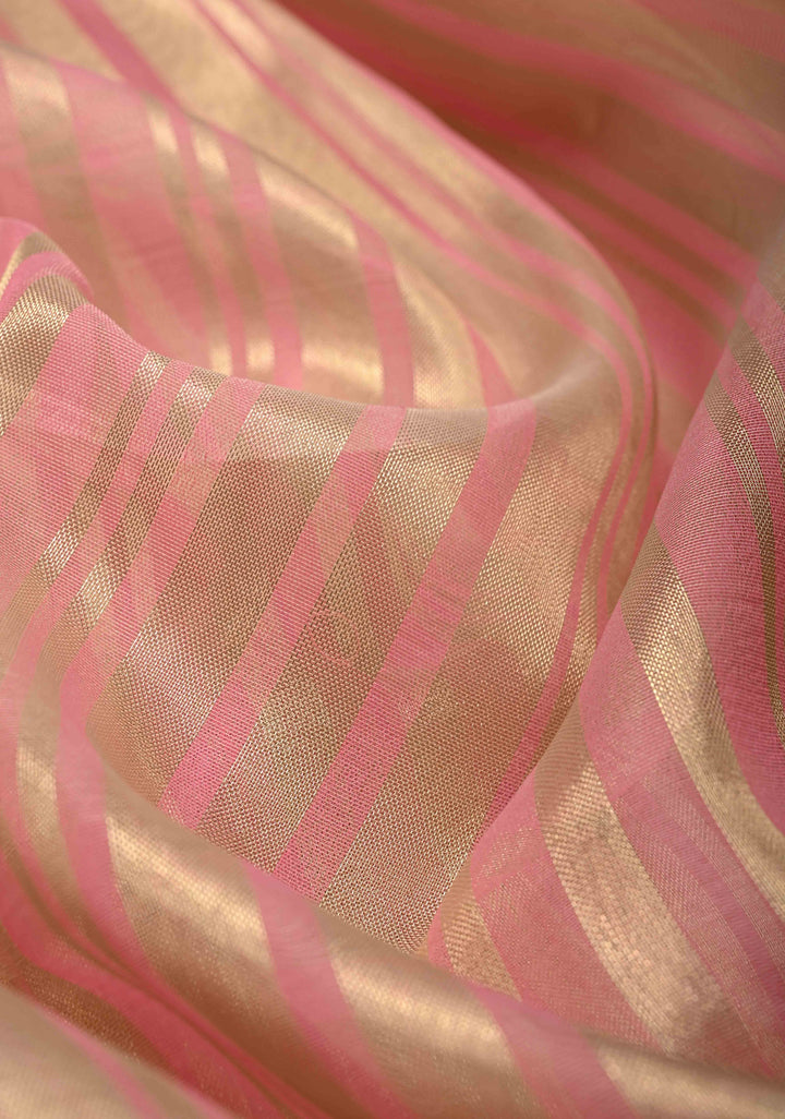 Rose Pink Semi Kora Saree with Tissue Stripes and Minimal Zari Border