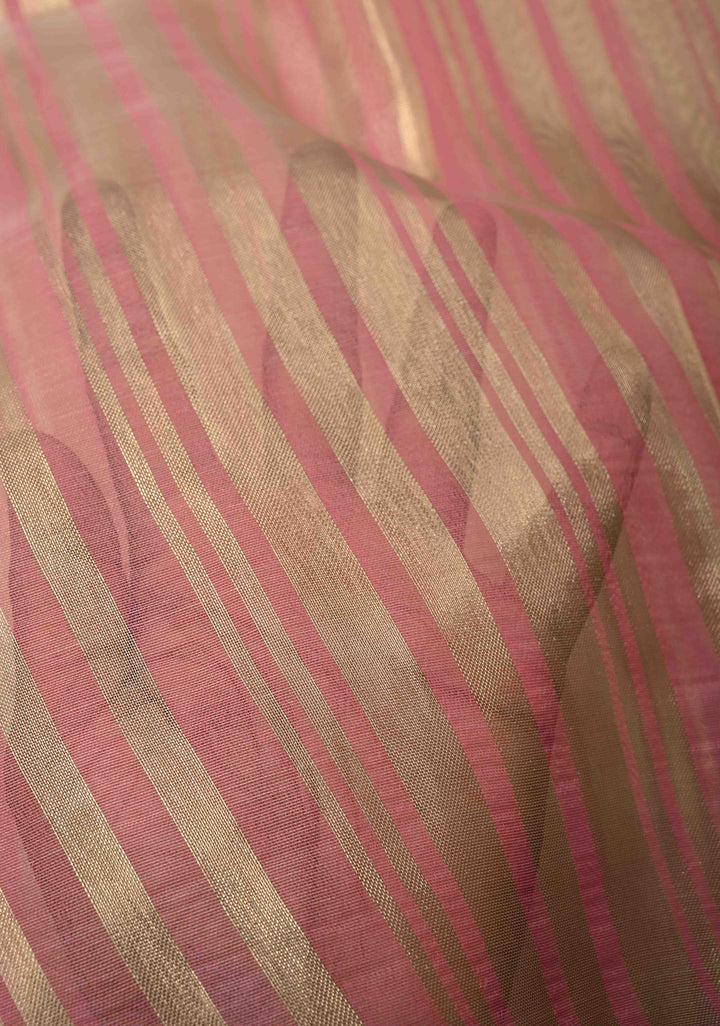 Rose Pink Semi Kora Saree with Tissue Stripes and Minimal Zari Border
