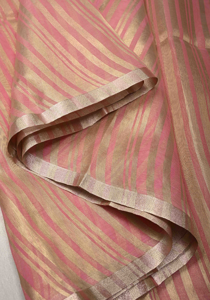 Rose Pink Semi Kora Saree with Tissue Stripes and Minimal Zari Border