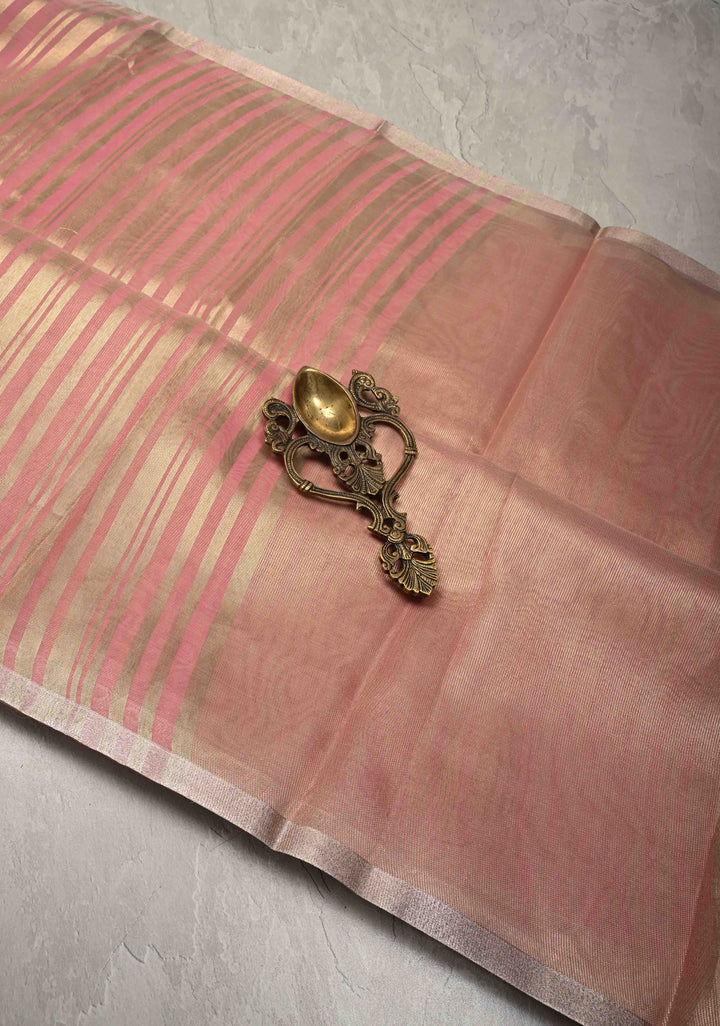 Rose Pink Semi Kora Saree with Tissue Stripes and Minimal Zari Border